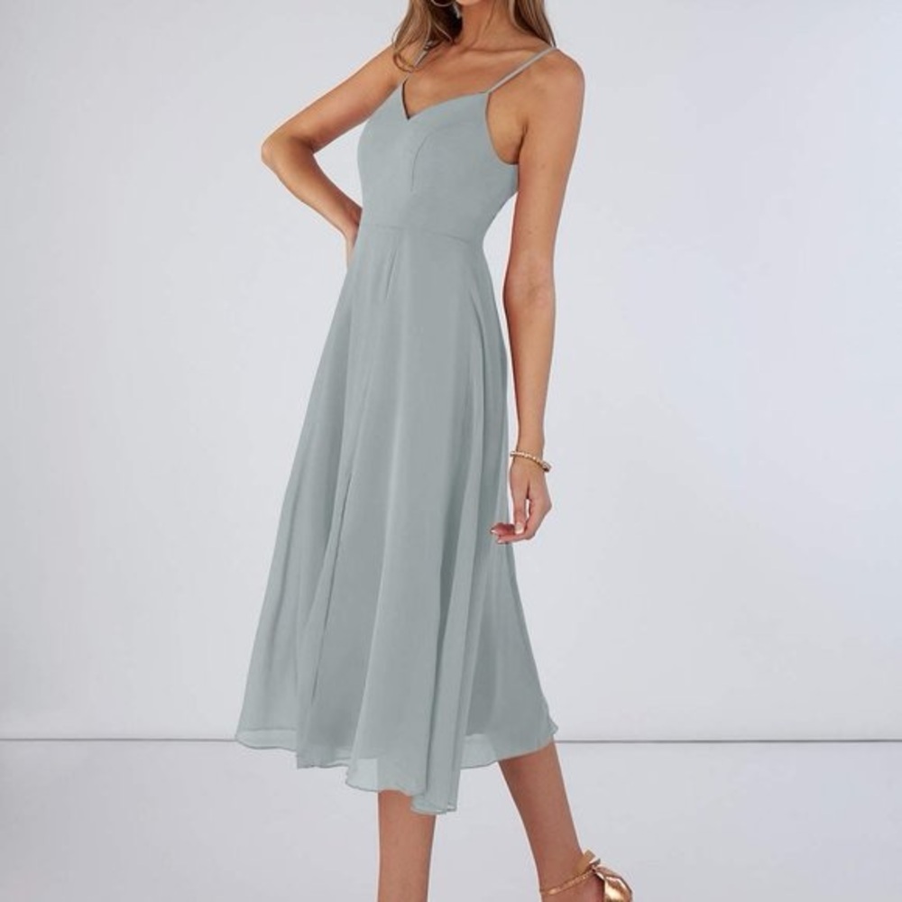 Azazie Clarissa A Line Chiffon Tea Length Dress Dolphin Grey Sz A6 NWT - Picture 3 of 15